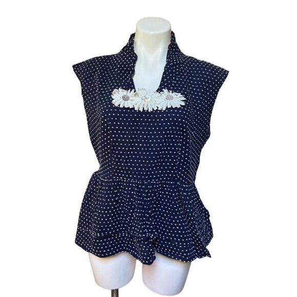 Girls from Savoy Anthropologie Blue Swiss Dot Peplum Shirt Size 10 - Picture 1 of 10